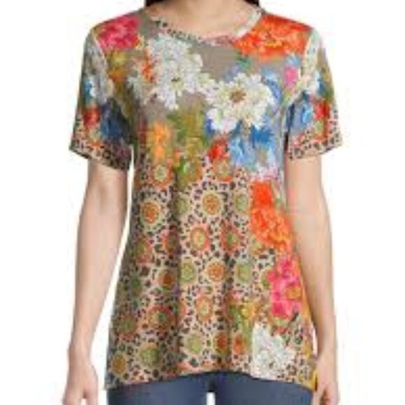 Johnny Was Women’s Top Size L Multicolor Floral Animal Print Short Sleeve Boho